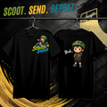 Scooter Squad Bruh kids tee in black, logo on the front, Bruh print on the back