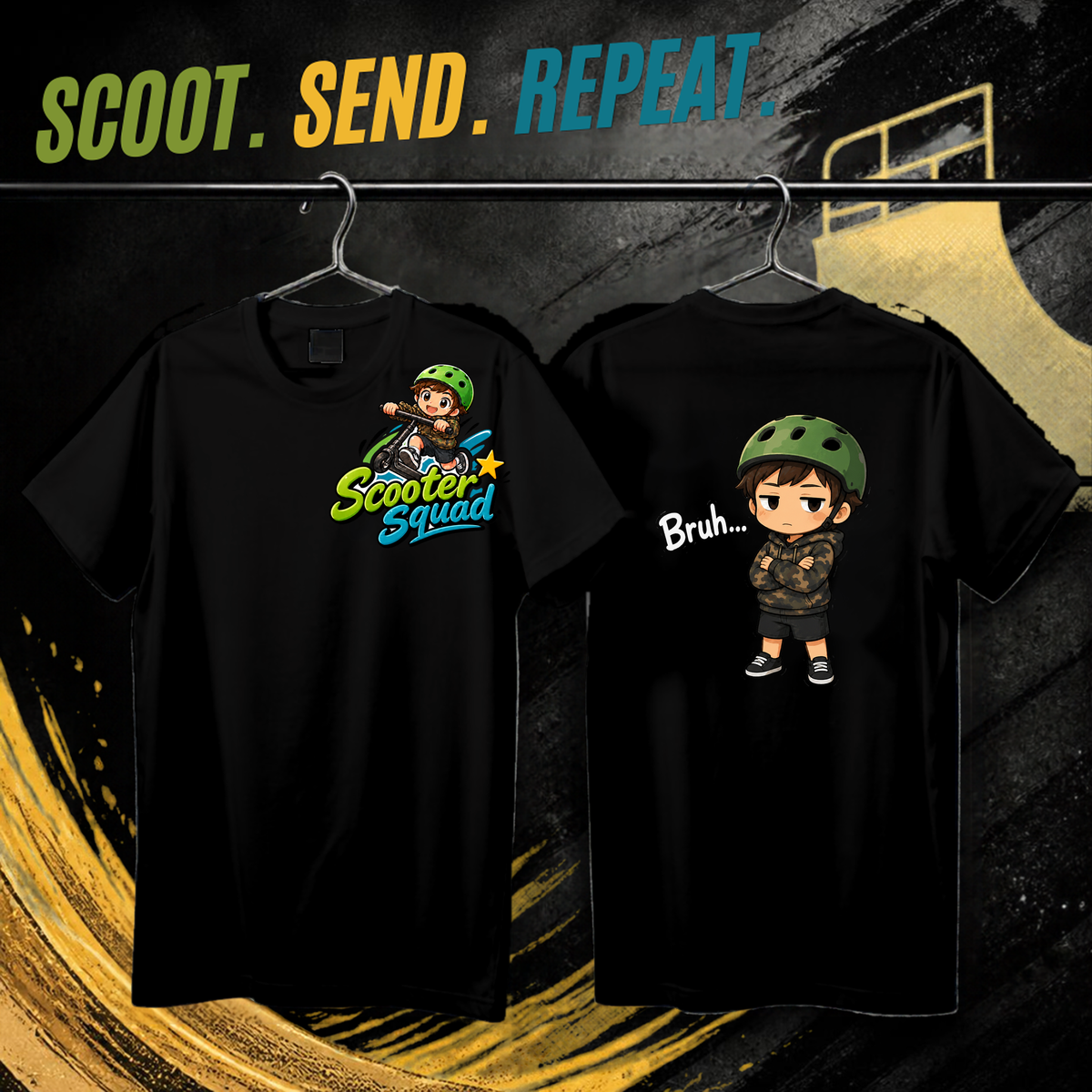 Scooter Squad Bruh kids tee in black, logo on the front, Bruh print on the back