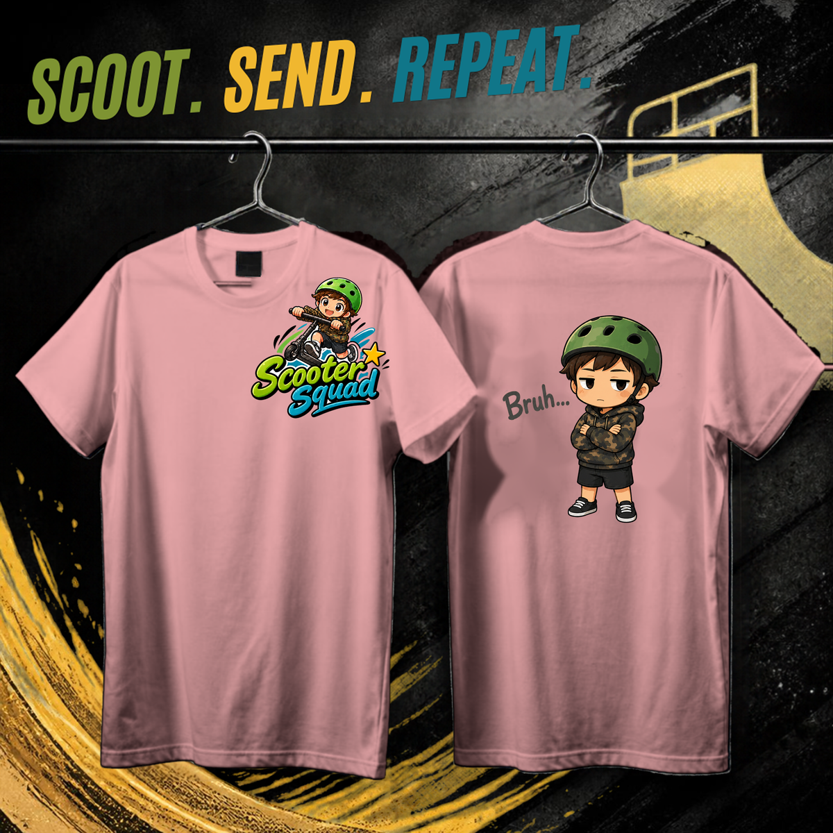 Scooter Squad Bruh kids tee in pink, logo on the front, Bruh print on the back