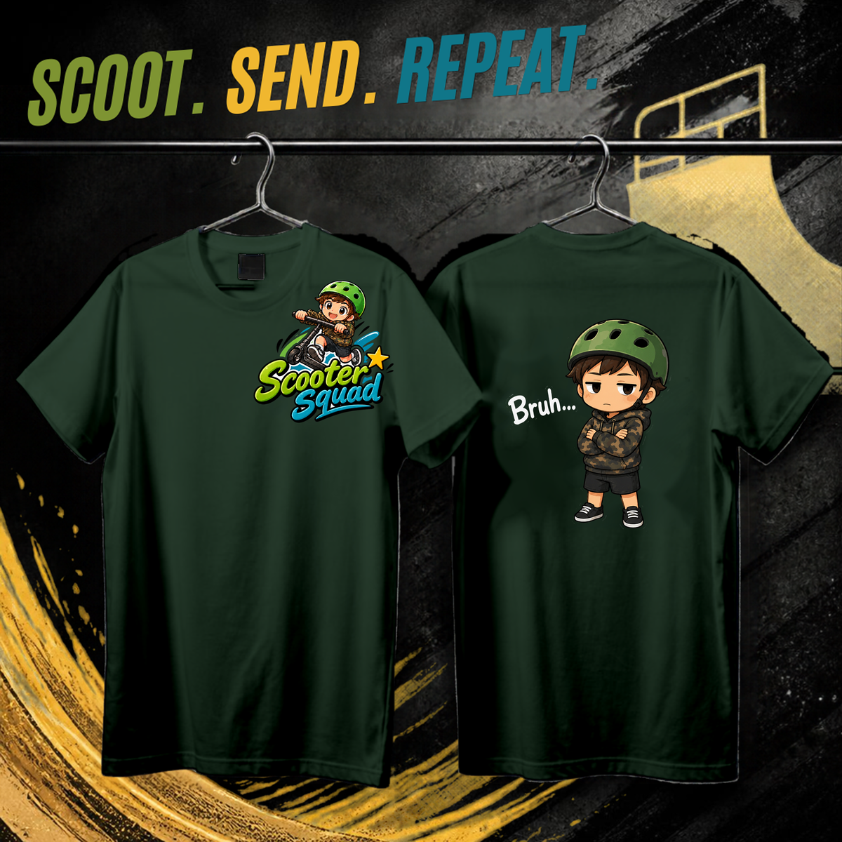 Scooter Squad Bruh kids tee in forest green, logo on the front, Bruh print on the back