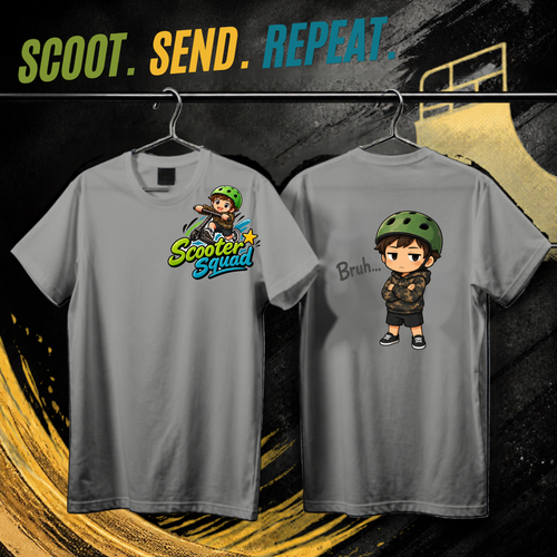 Scooter Squad Bruh kids tee in grey marle, logo on the front, Bruh print on the back