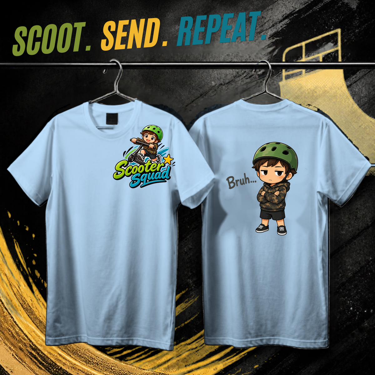Scooter Squad Bruh kids tee in light blue, logo on the front, Bruh print on the back