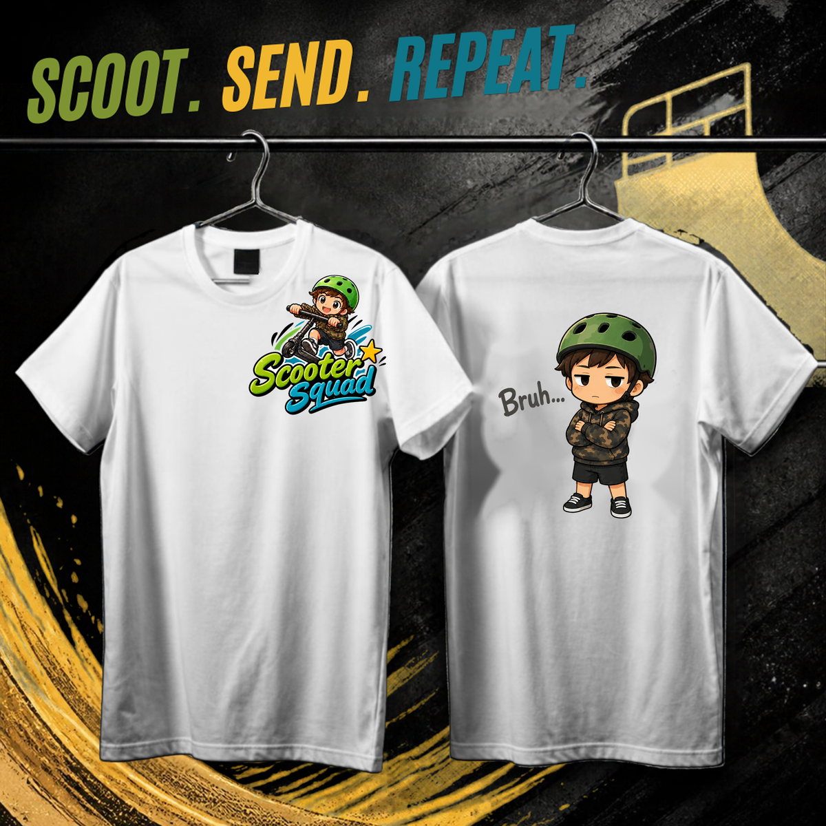 Scooter Squad Bruh kids tee in white, logo on the front, Bruh print on the back