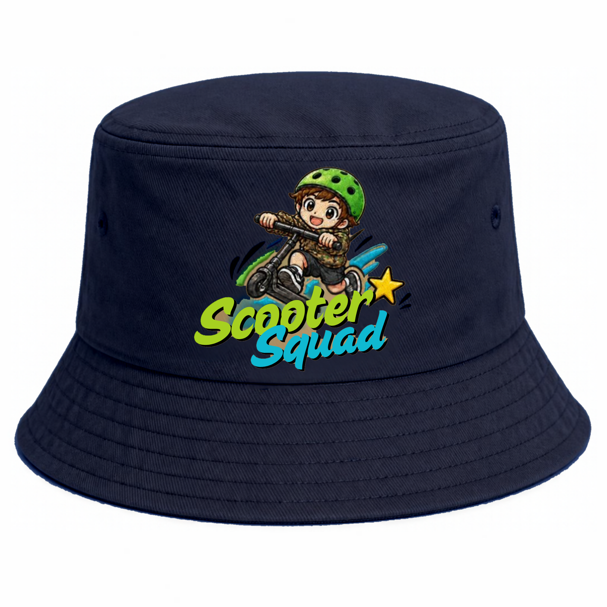 Scooter Squad kids bucket hat in navy, full-colour logo on the front