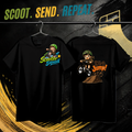 Scooter Squad Dirt Jump kids tee in black, logo on the front, Dirt Jump print on the back