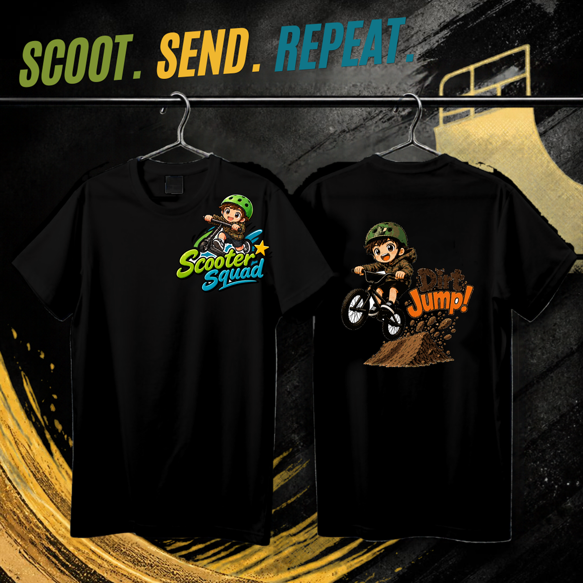 Scooter Squad Dirt Jump kids tee in black, logo on the front, Dirt Jump print on the back