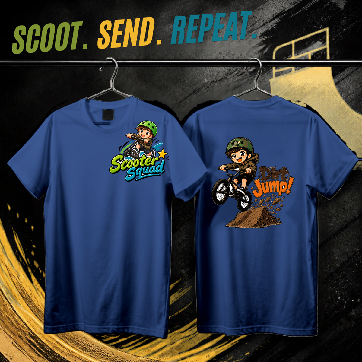 Scooter Squad Dirt Jump kids tee in royal blue, logo on the front, Dirt Jump print on the back