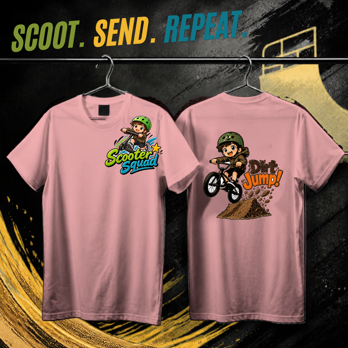 Scooter Squad Dirt Jump kids tee in pink, logo on the front, Dirt Jump print on the back