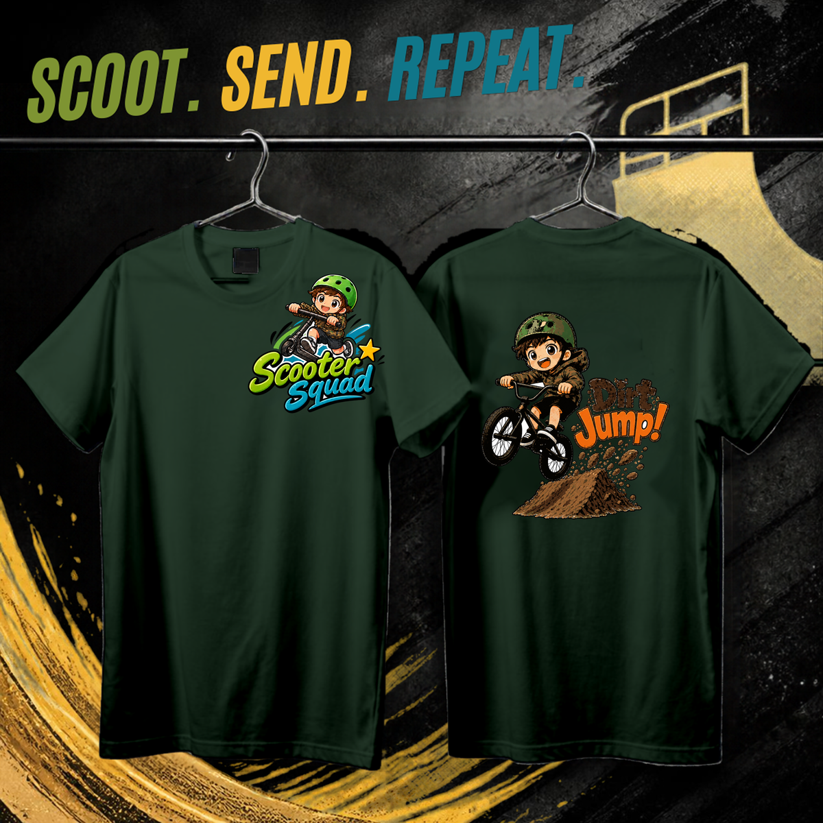 Scooter Squad Dirt Jump kids tee in forest green, logo on the front, Dirt Jump print on the back