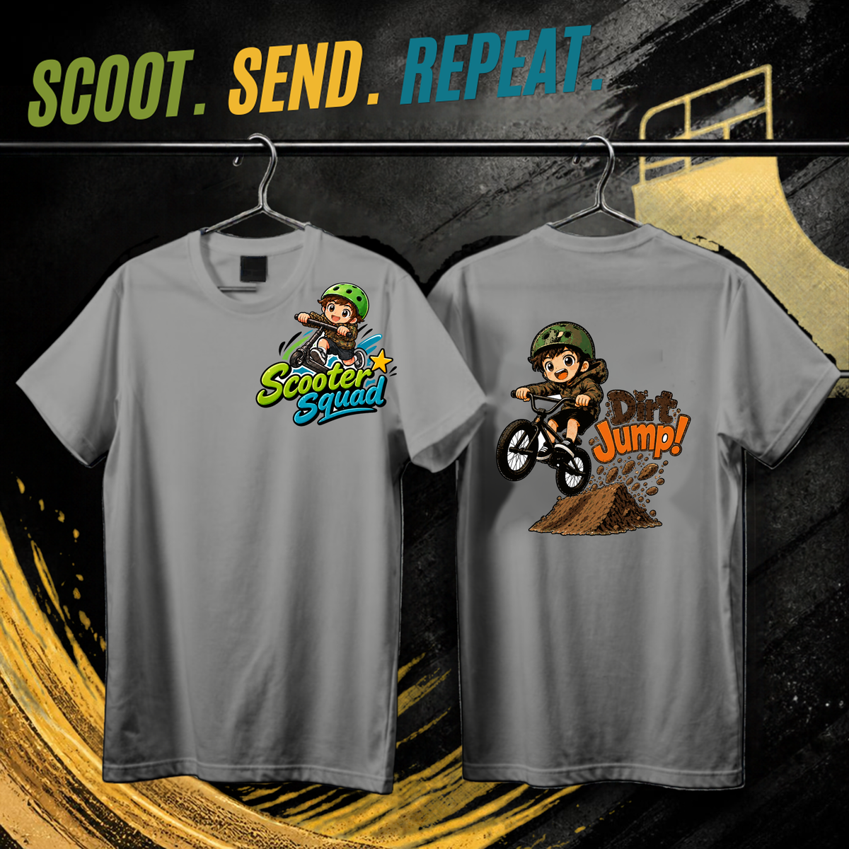 Scooter Squad Dirt Jump kids tee in grey marle, logo on the front, Dirt Jump print on the back