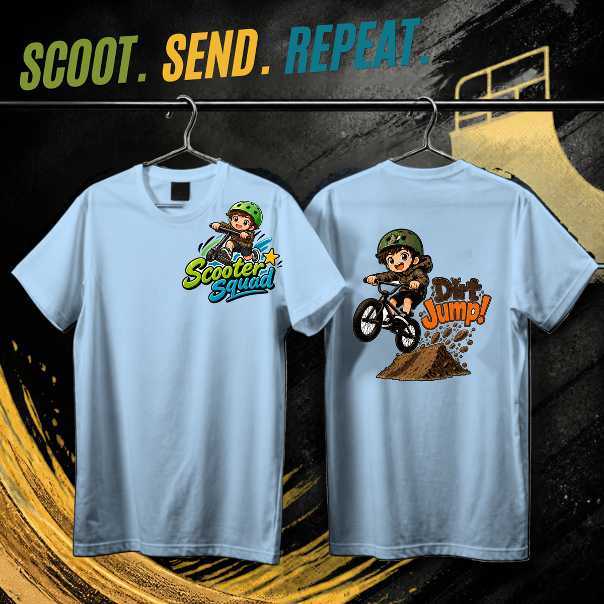 Scooter Squad Dirt Jump kids tee in light blue, logo on the front, Dirt Jump print on the back