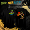 Scooter Squad Full Send kids tee in black, logo on the front, Full Send print on the back