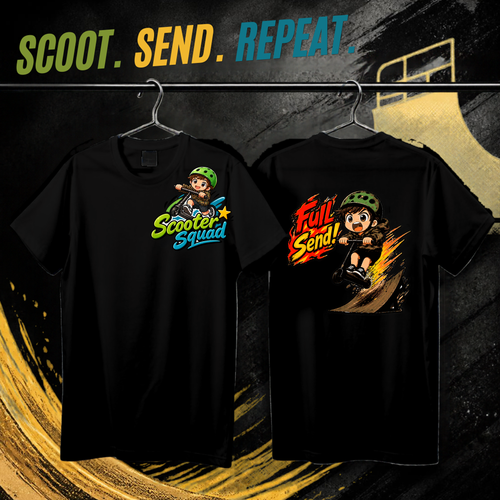 Scooter Squad Full Send kids tee in black, logo on the front, Full Send print on the back