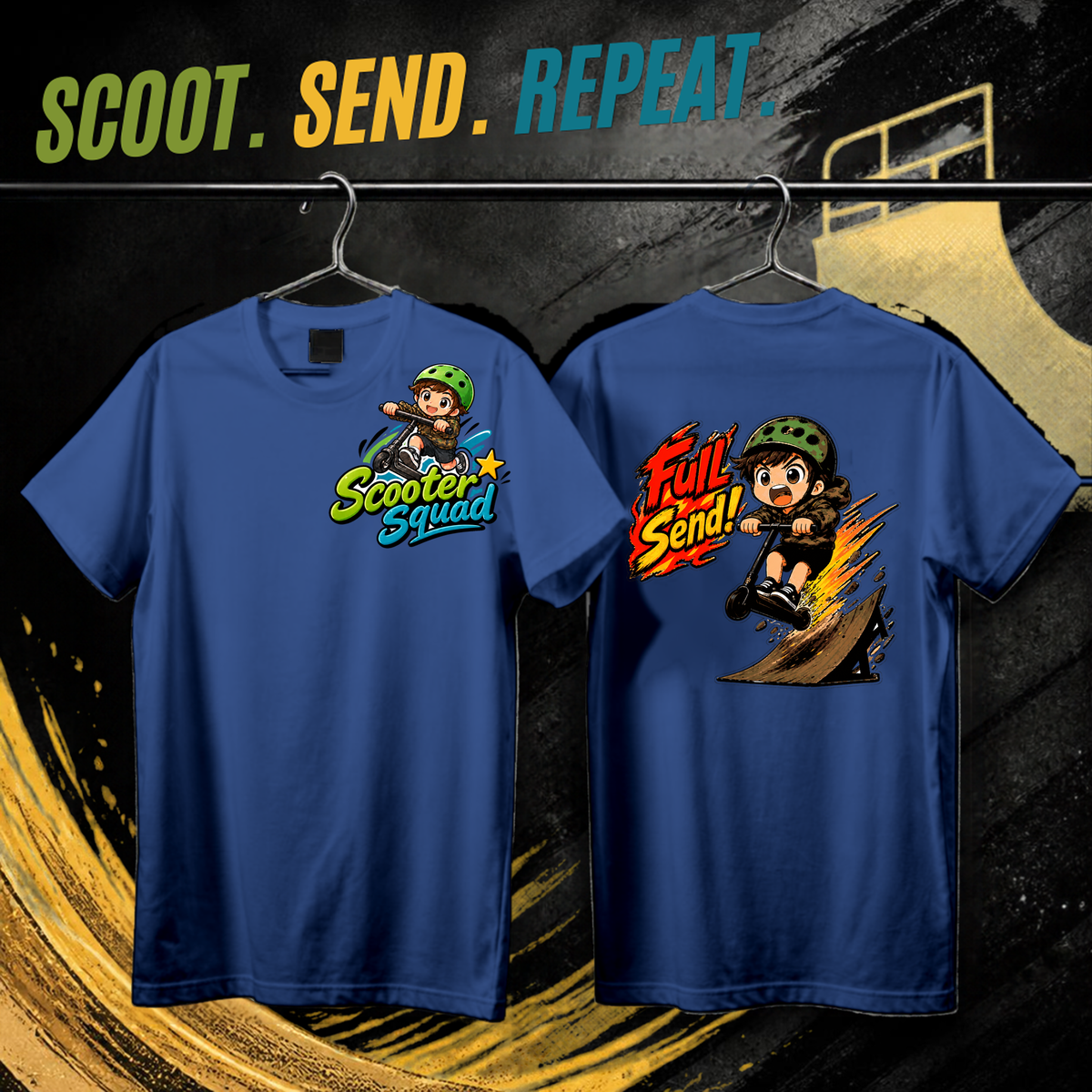 Scooter Squad Full Send kids tee in royal blue, logo on the front, Full Send print on the back