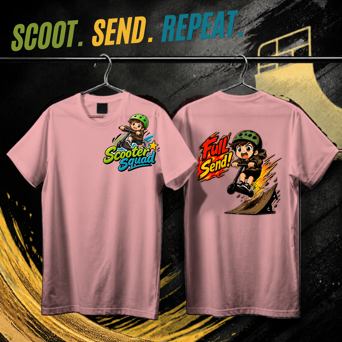 Scooter Squad Full Send kids tee in pink, logo on the front, Full Send print on the back