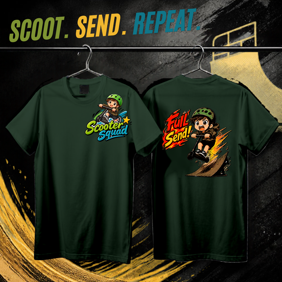 Scooter Squad Full Send kids tee in forest green, logo on the front, Full Send print on the back