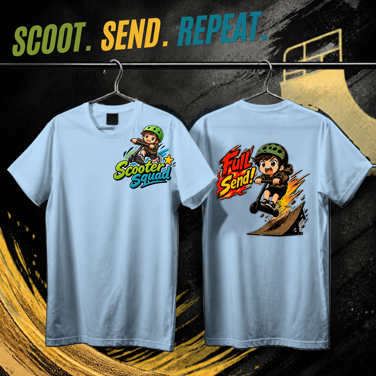 Scooter Squad Full Send kids tee in light blue, logo on the front, Full Send print on the back