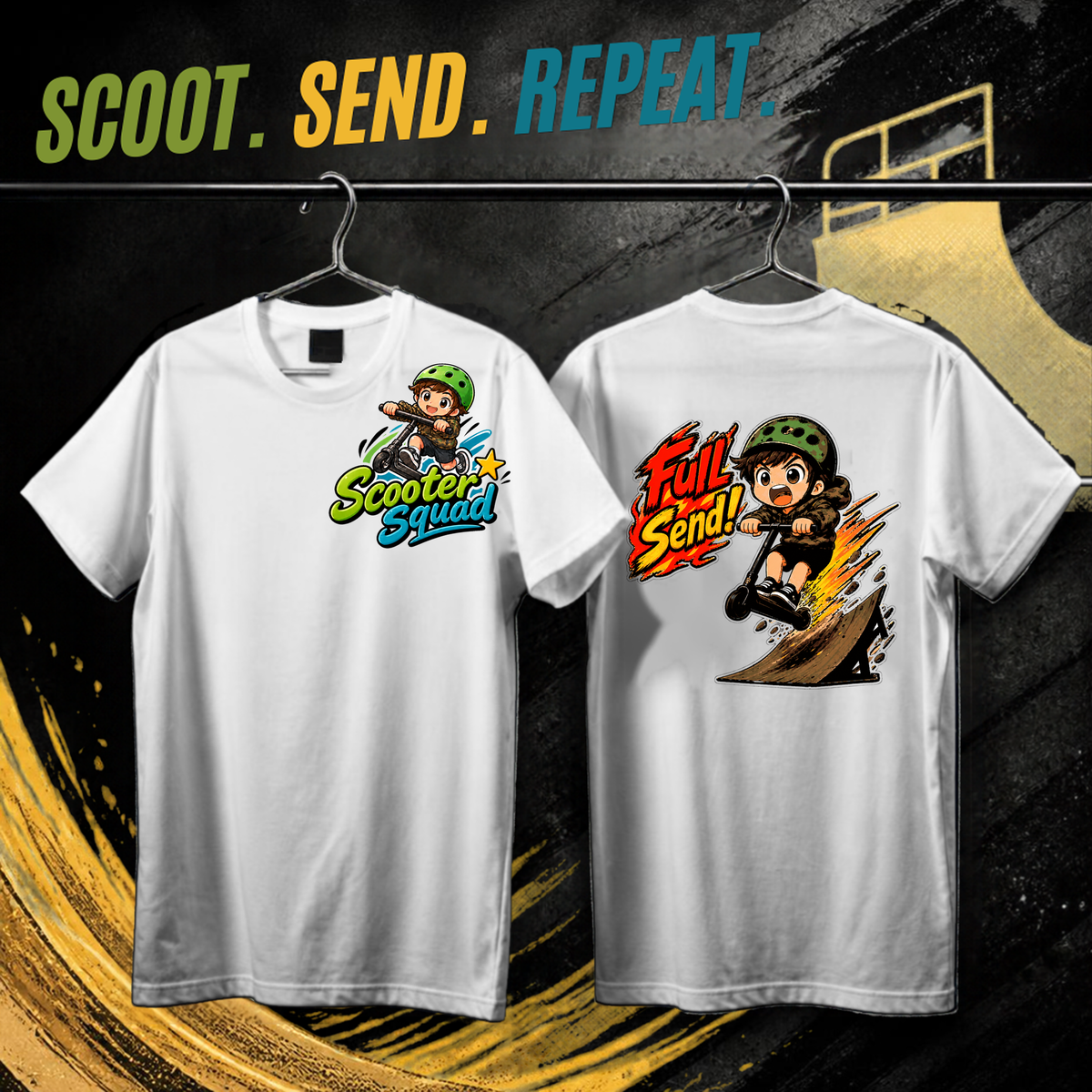 Scooter Squad Full Send kids tee in white, logo on the front, Full Send print on the back