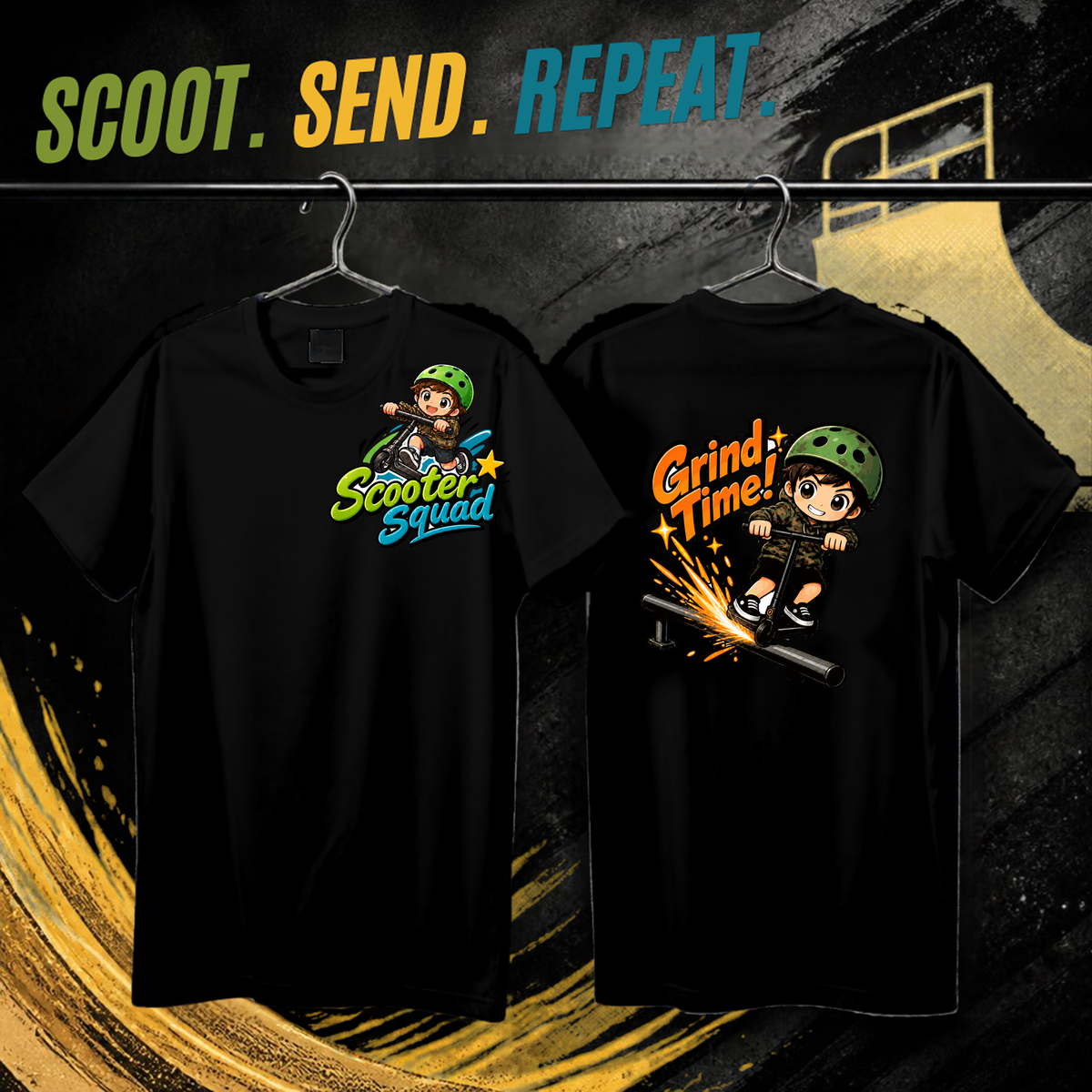 Scooter Squad Grind Time kids tee in black, logo on the front, Grind Time print on the back