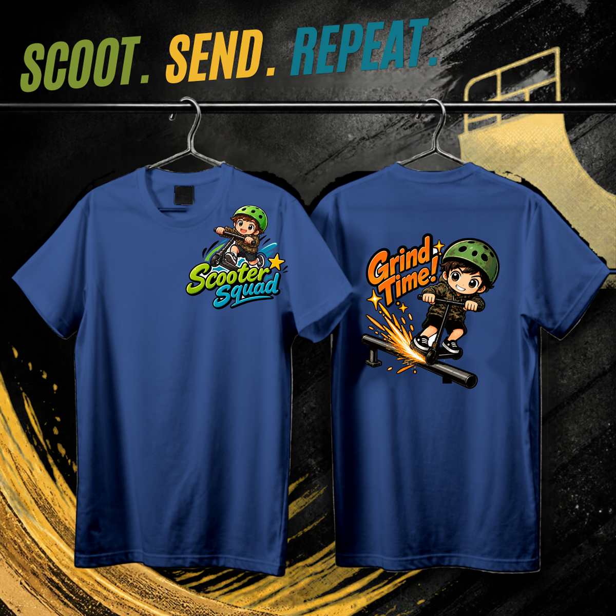 Scooter Squad Grind Time kids tee in royal blue, logo on the front, Grind Time print on the back
