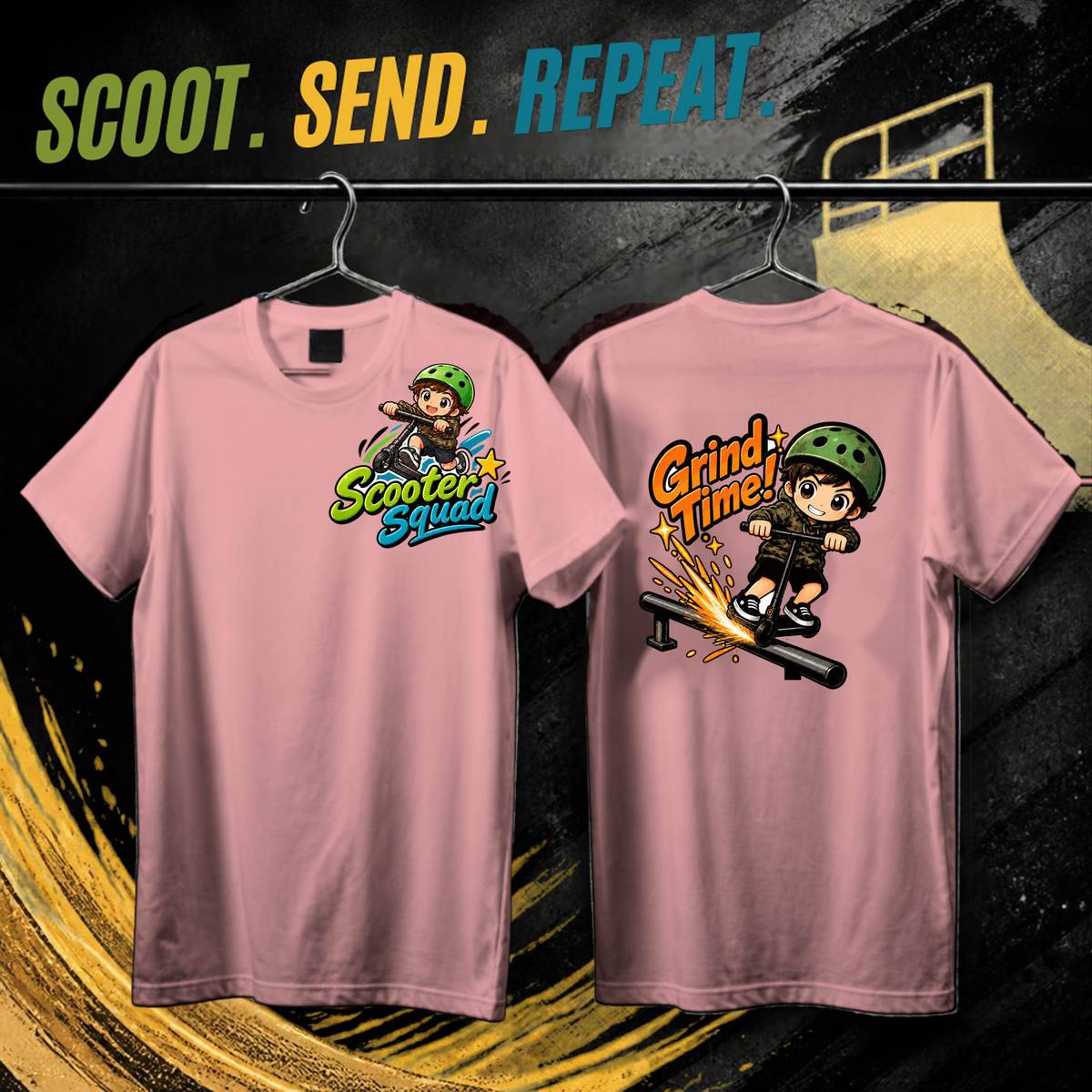 Scooter Squad Grind Time kids tee in pink, logo on the front, Grind Time print on the back