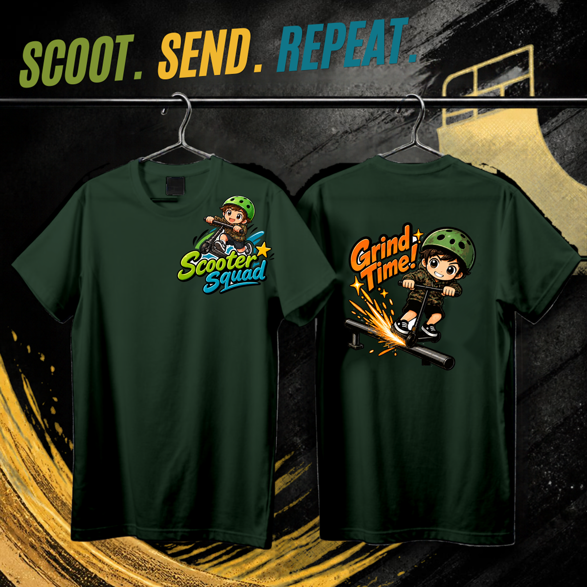 Scooter Squad Grind Time kids tee in forest green, logo on the front, Grind Time print on the back