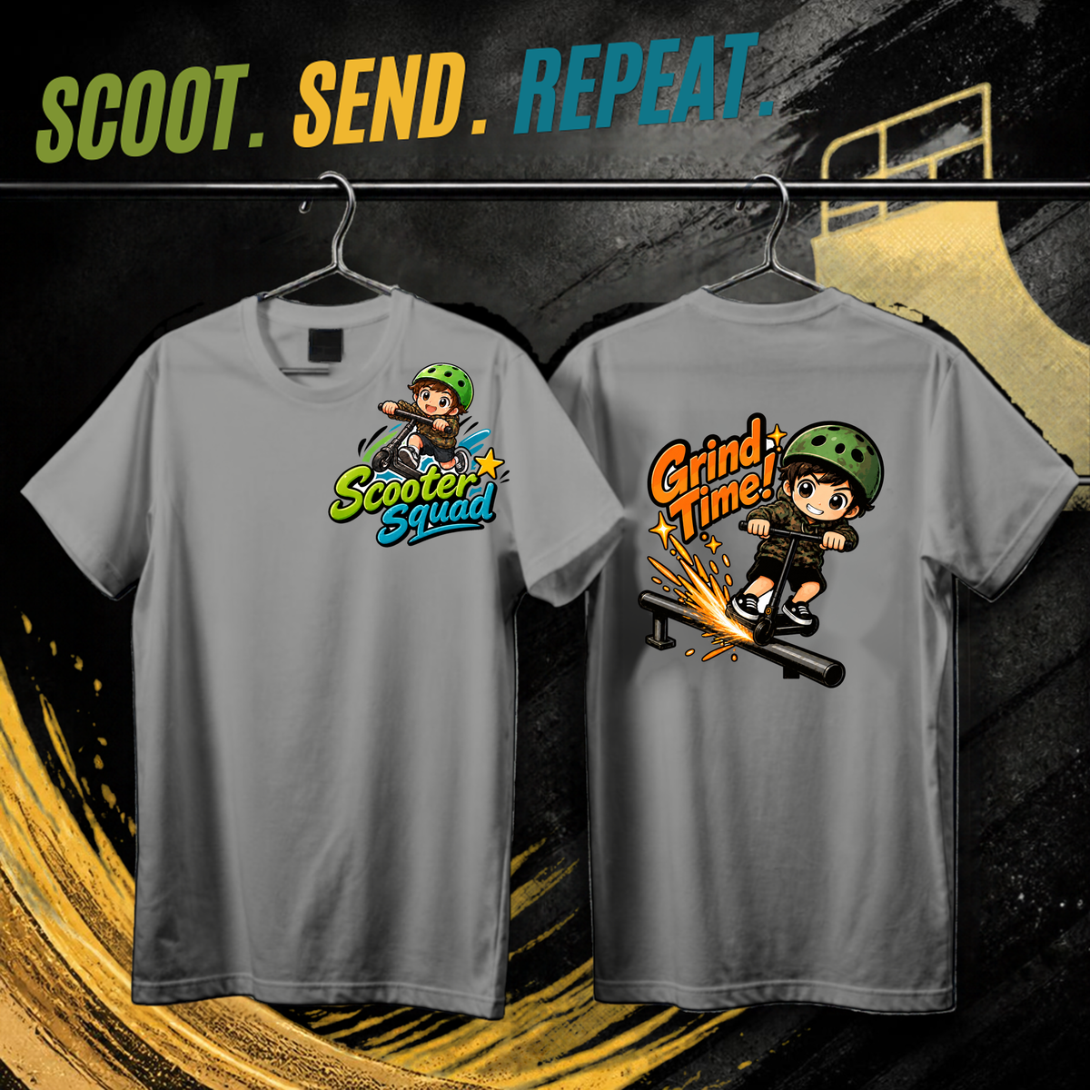 Scooter Squad Grind Time kids tee in grey marle, logo on the front, Grind Time print on the back