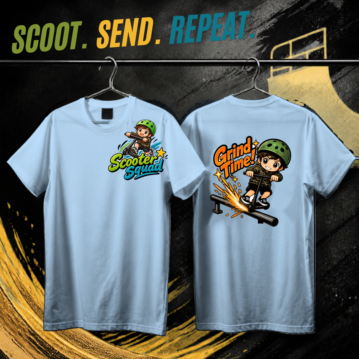 Scooter Squad Grind Time kids tee in light blue, logo on the front, Grind Time print on the back