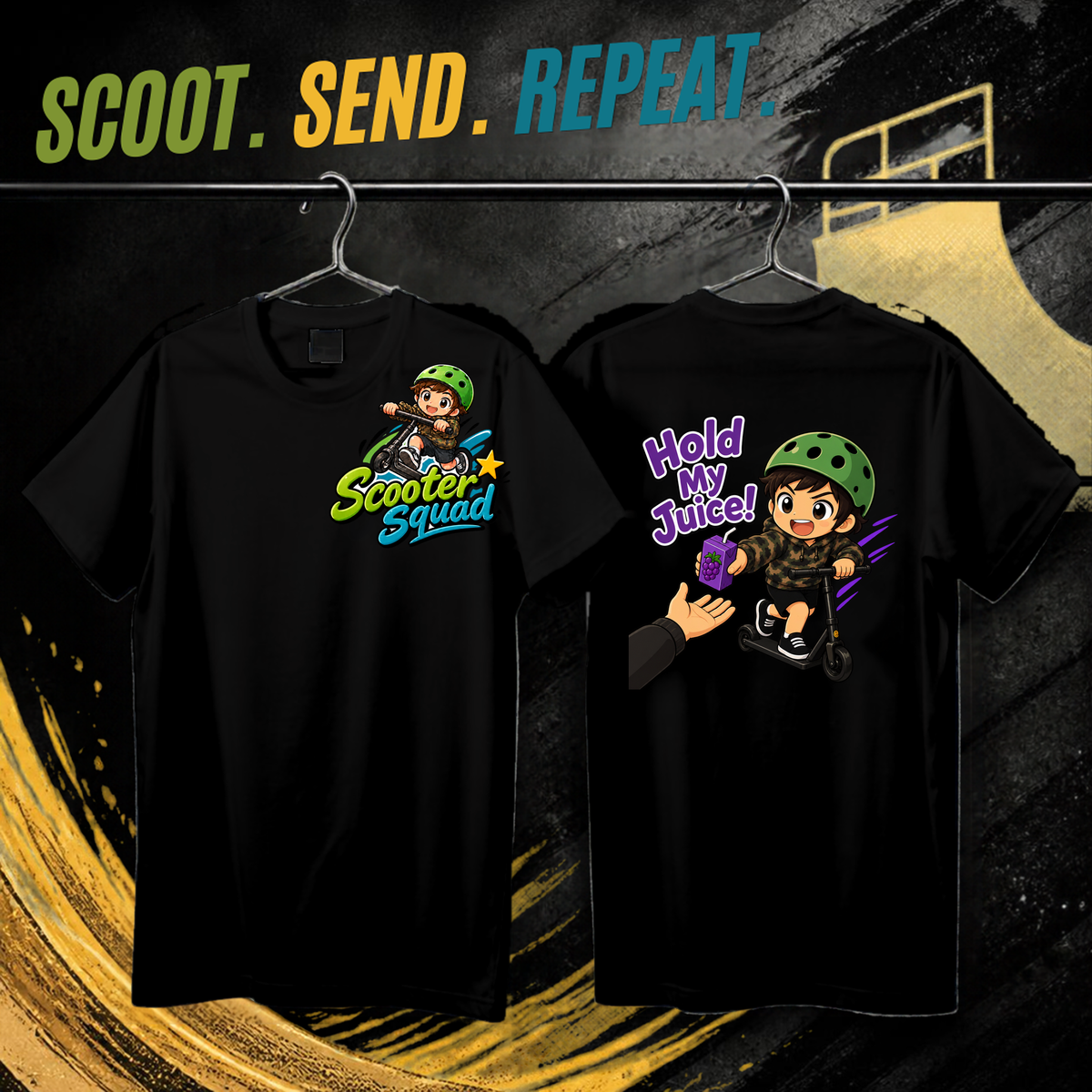 Scooter Squad Hold My Juice mens tee in black, logo on the front, Hold My Juice print on the back