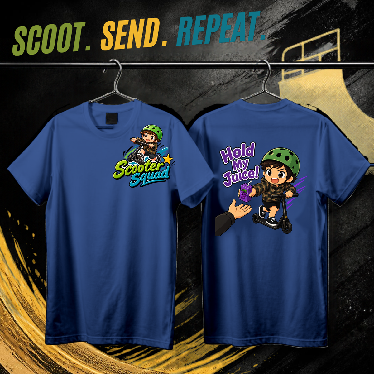 Scooter Squad Hold My Juice kids tee in royal blue, logo on the front, Hold My Juice print on the back