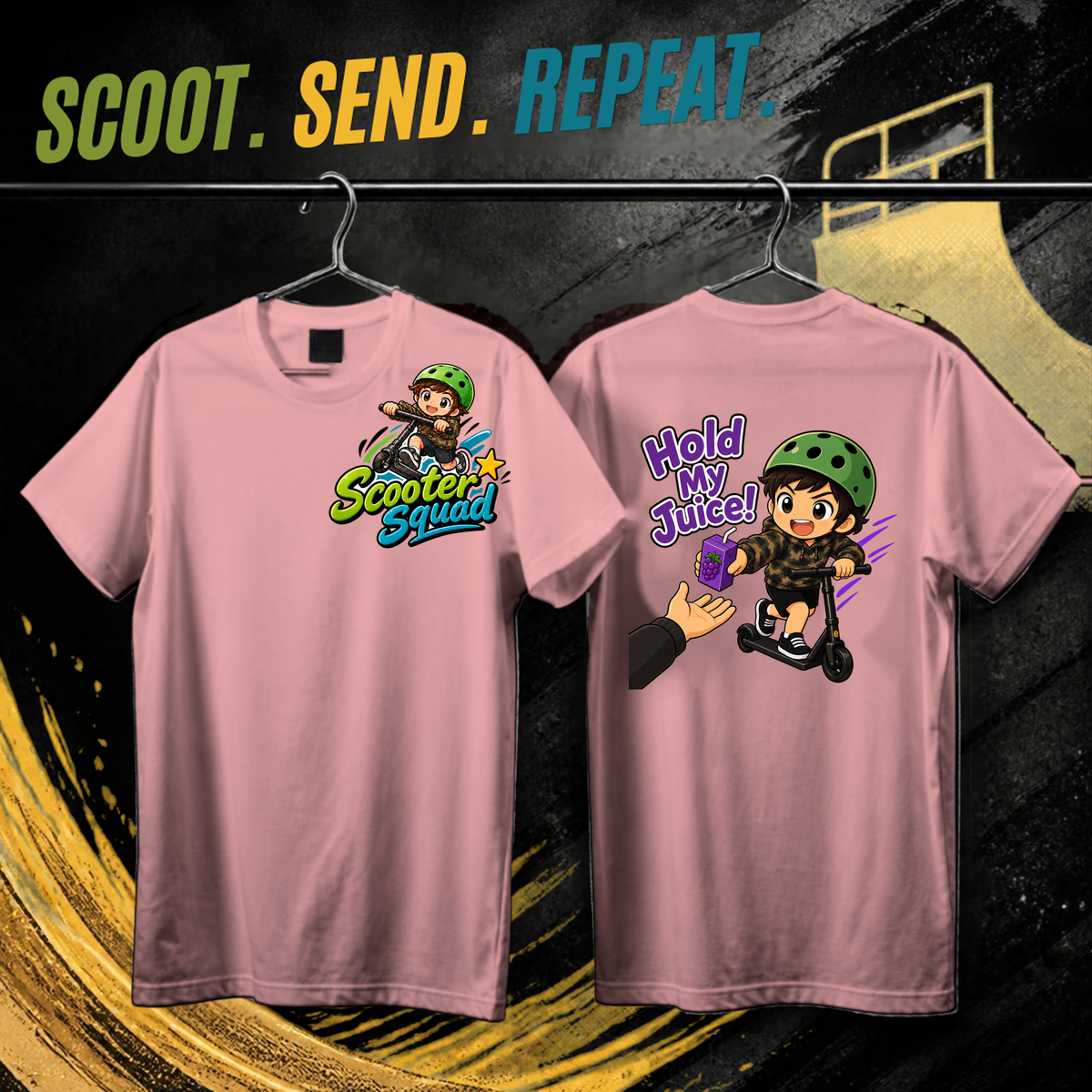 Scooter Squad Hold My Juice kids tee in pink, logo on the front, Hold My Juice print on the back