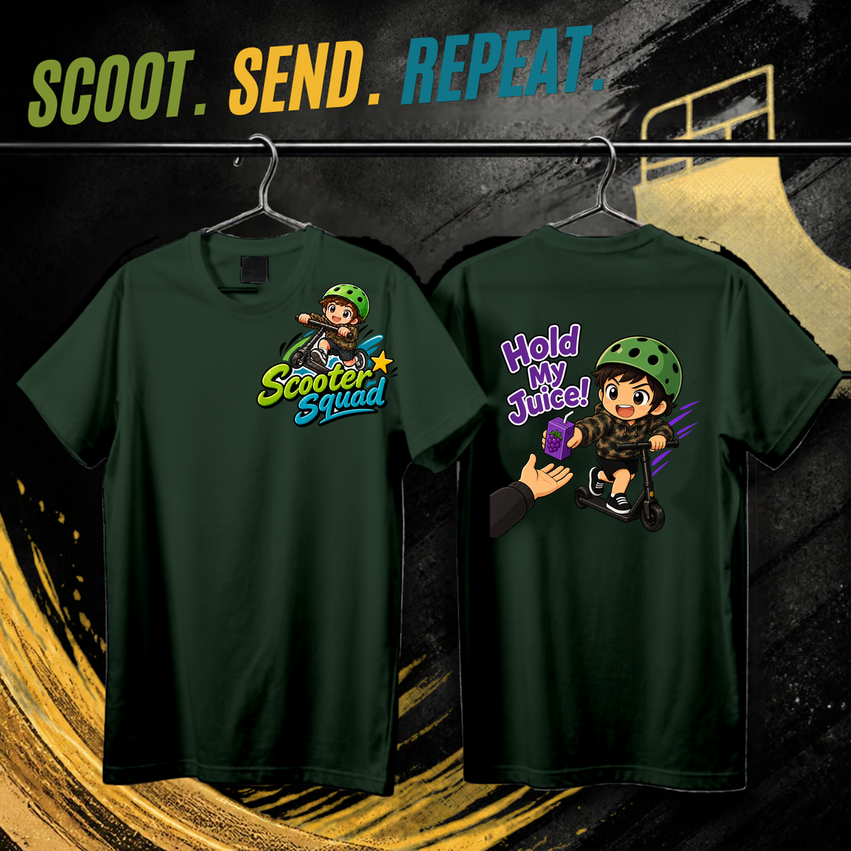 Scooter Squad Hold My Juice kids tee in forest green, logo on the front, Hold My Juice print on the back