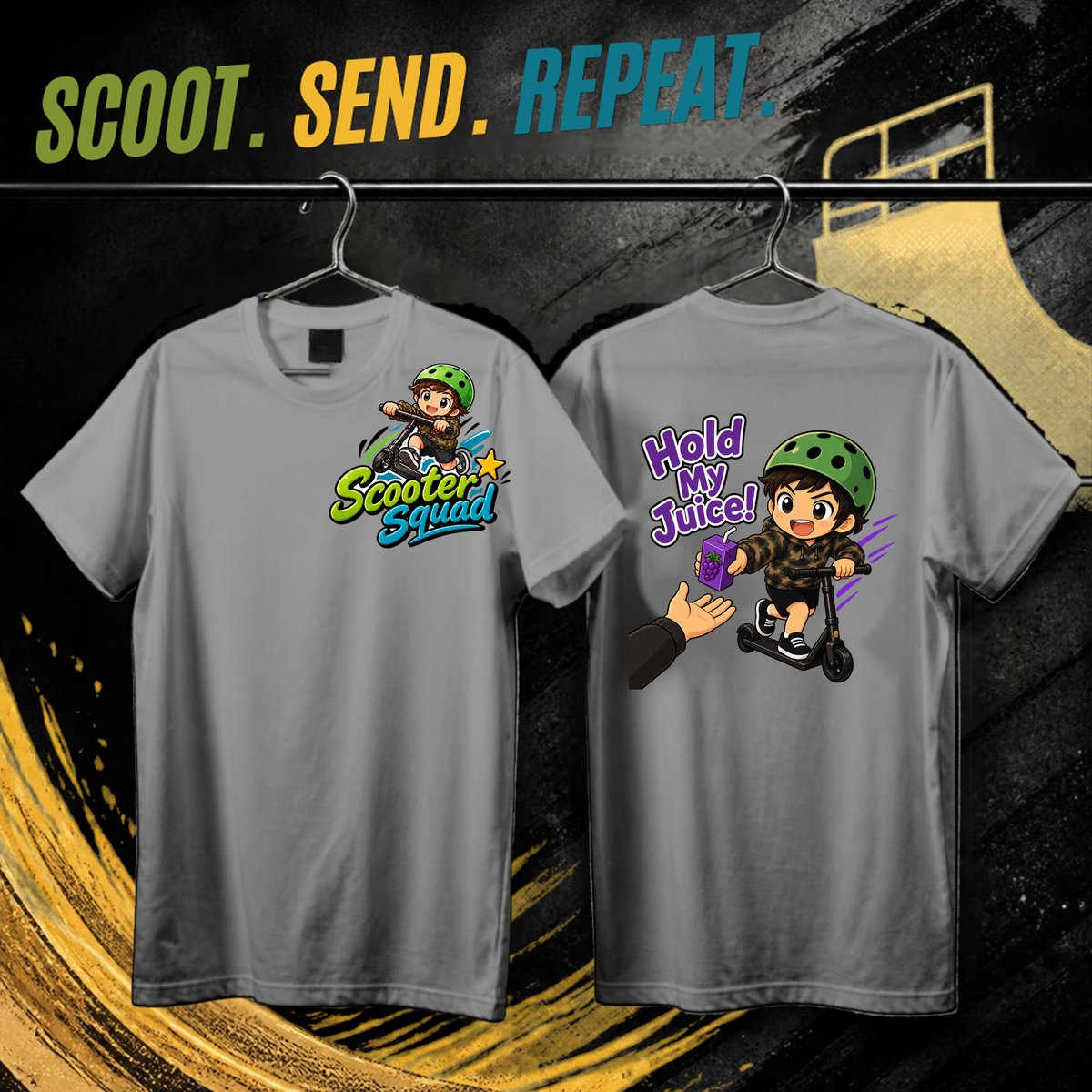 Scooter Squad Hold My Juice kids tee in grey marle, logo on the front, Hold My Juice print on the back