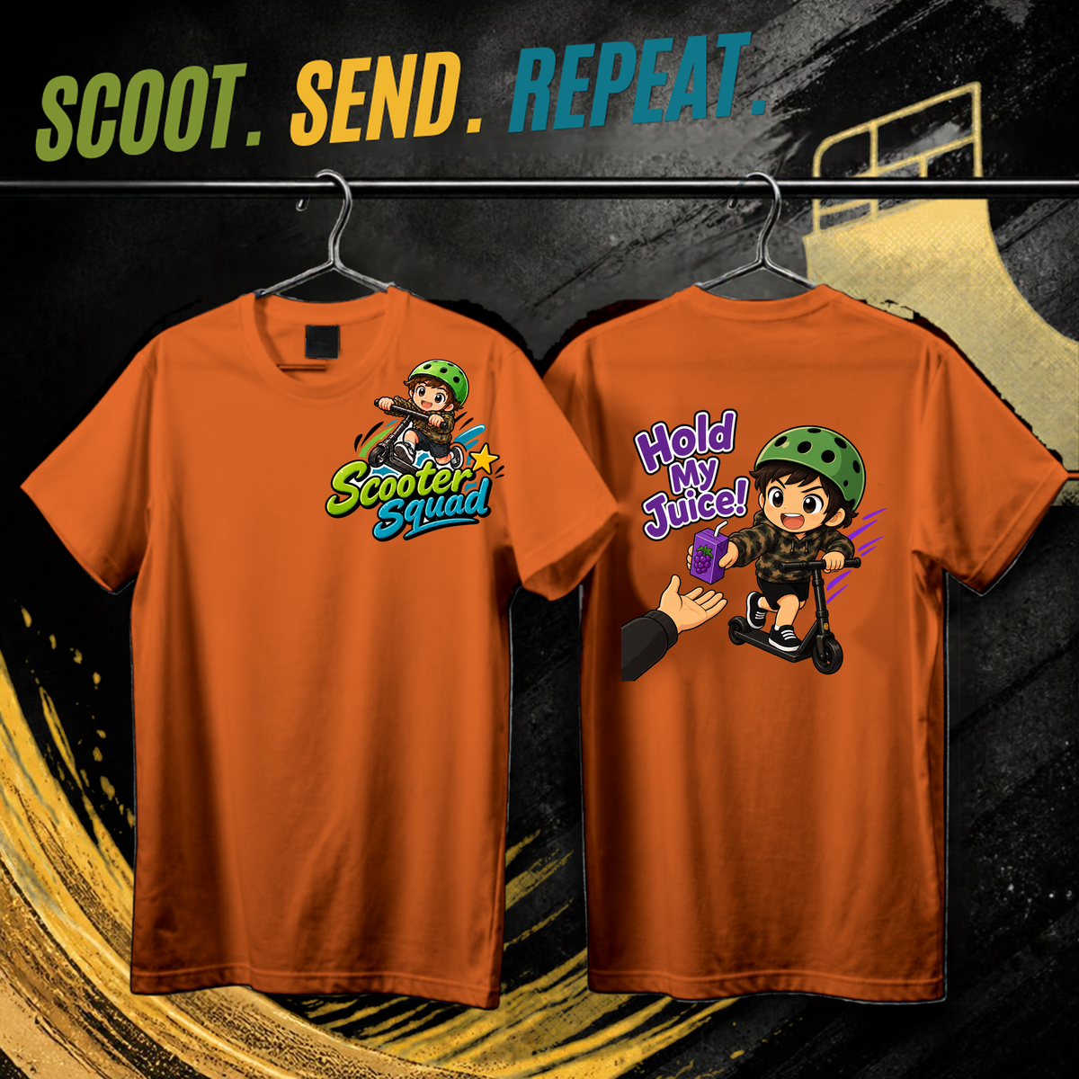 Scooter Squad Hold My Juice kids tee in orange, logo on the front, Hold My Juice print on the back