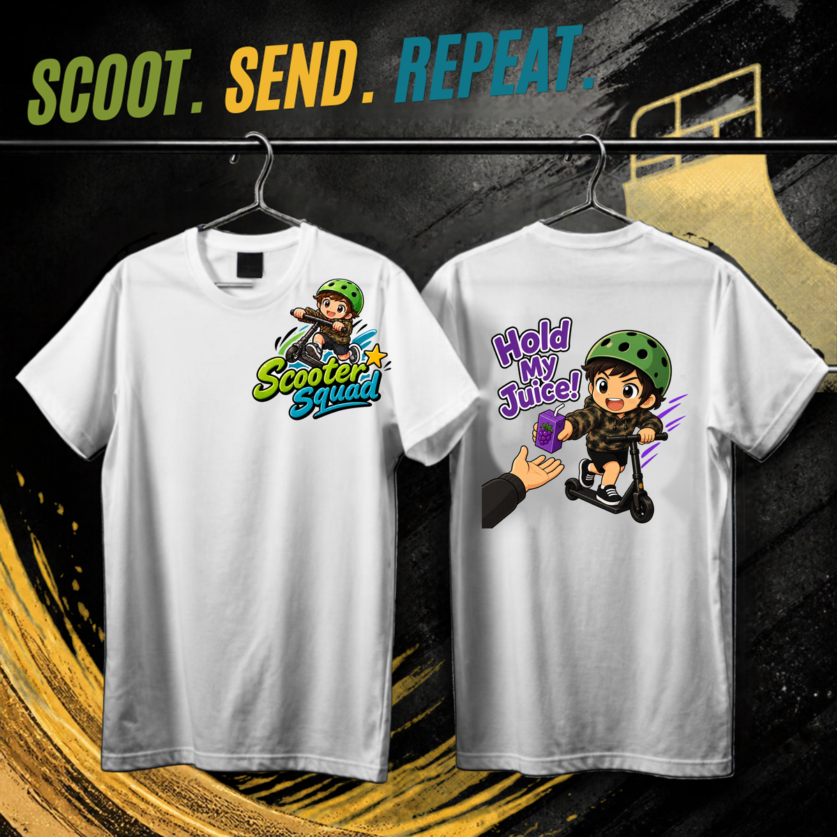 Scooter Squad Hold My Juice mens tee in white, logo on the front, Hold My Juice print on the back