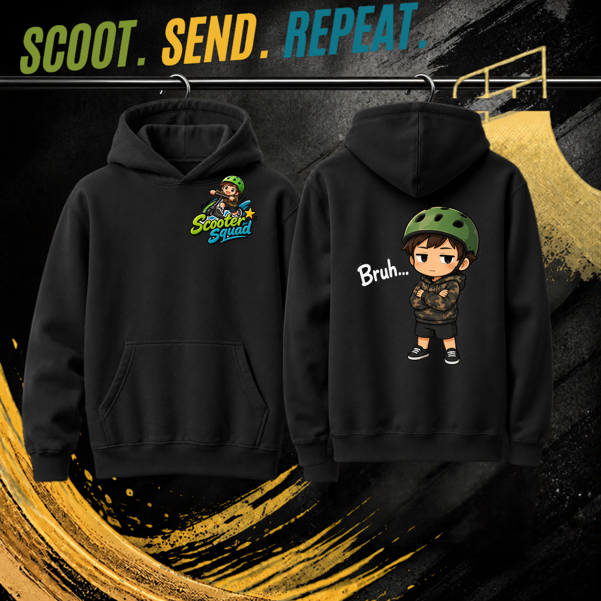 Bruh kids hoodie in black, Scooter Squad logo front, Bruh on the back