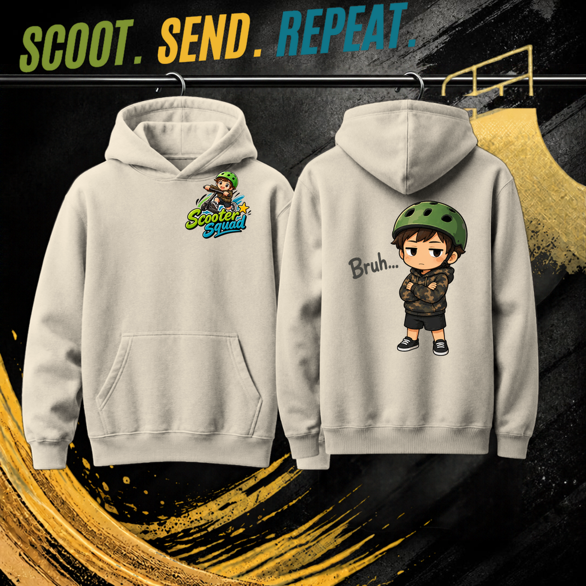 Bruh kids hoodie in ecru, Scooter Squad logo front, Bruh on the back