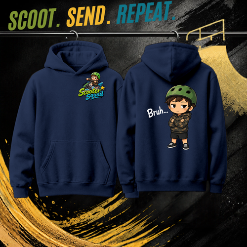 Bruh kids hoodie in navy, Scooter Squad logo front, Bruh on the back