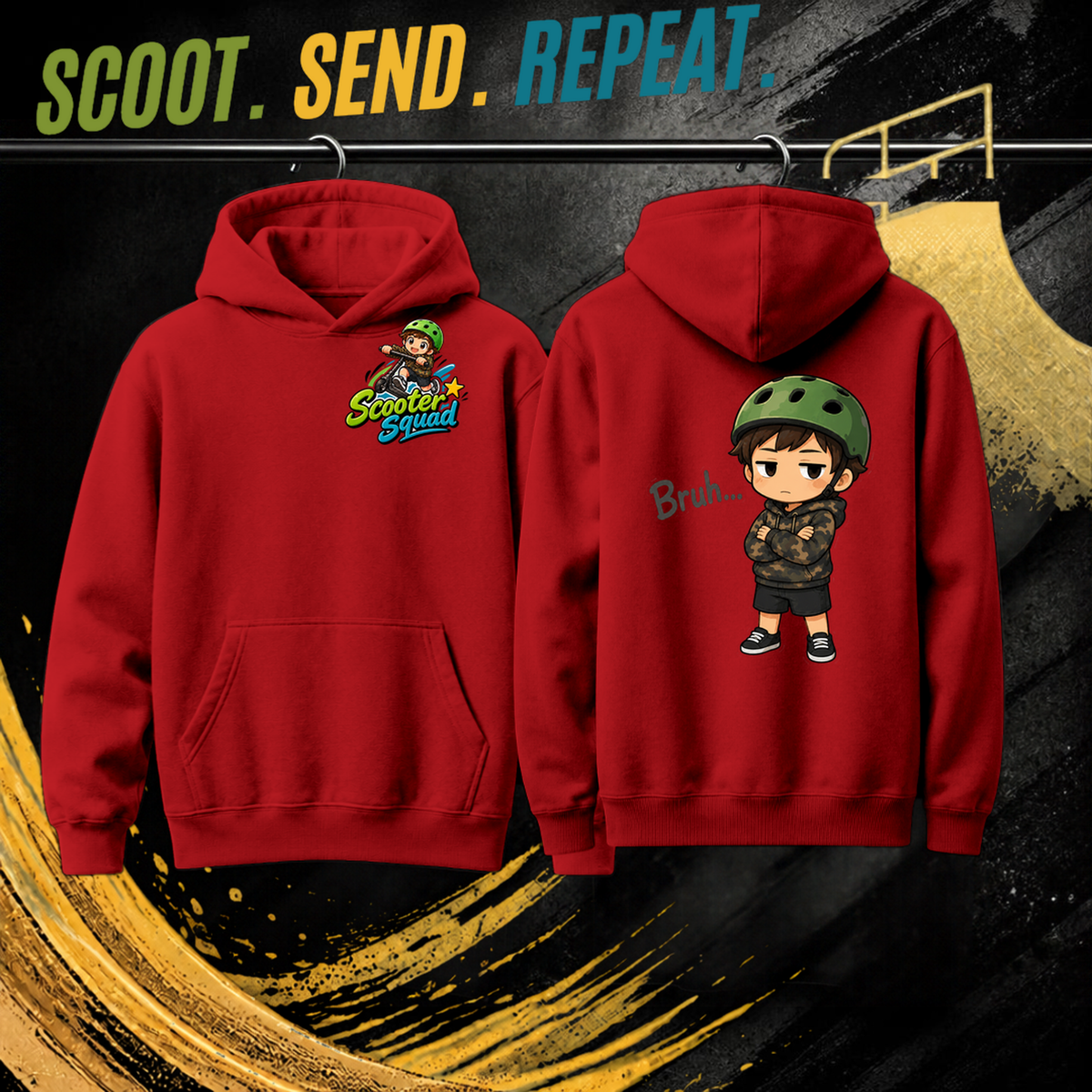 Bruh kids hoodie in red, Scooter Squad logo front, Bruh on the back