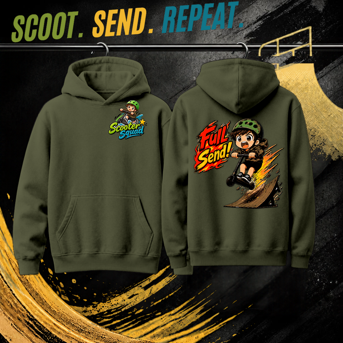 Full Send kids hoodie in army, Scooter Squad logo front, Full Send on the back