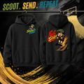 Full Send kids hoodie in black, Scooter Squad logo front, Full Send on the back
