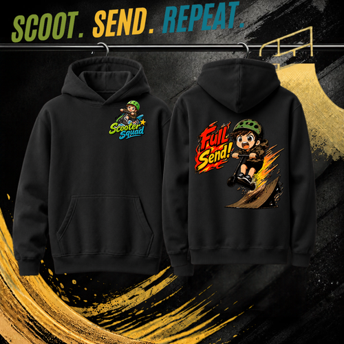 Full Send kids hoodie in black, Scooter Squad logo front, Full Send on the back