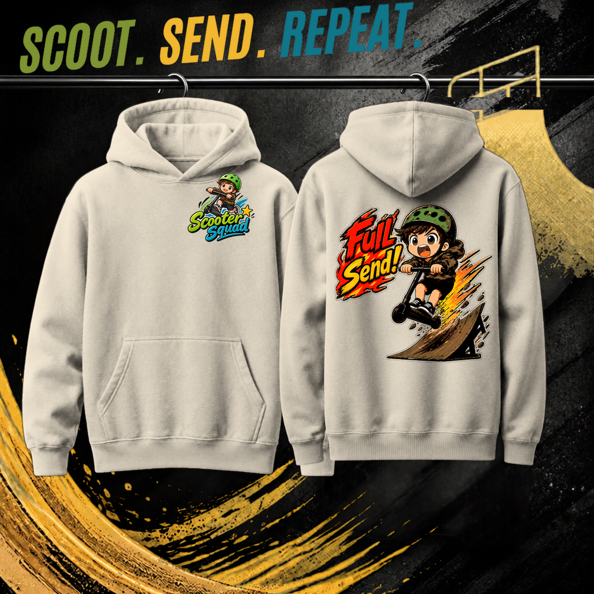 Full Send kids hoodie in ecru, Scooter Squad logo front, Full Send on the back