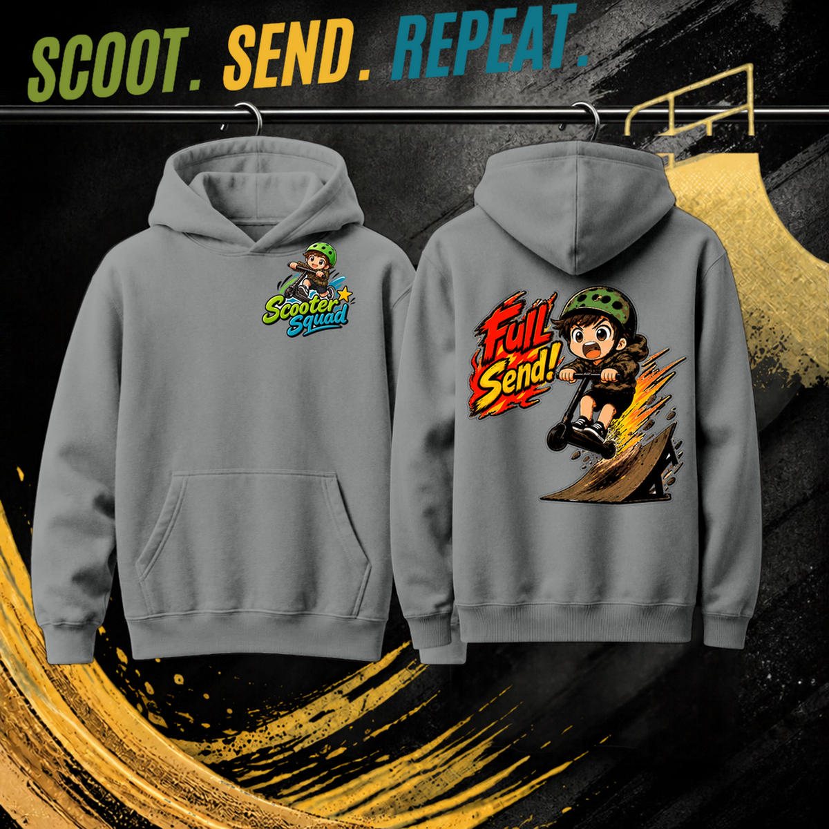 Full Send kids hoodie in grey marle, Scooter Squad logo front, Full Send on the back