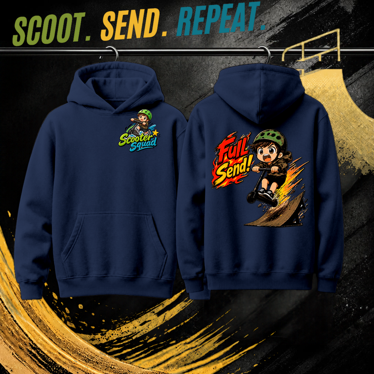 Full Send kids hoodie in navy, Scooter Squad logo front, Full Send on the back