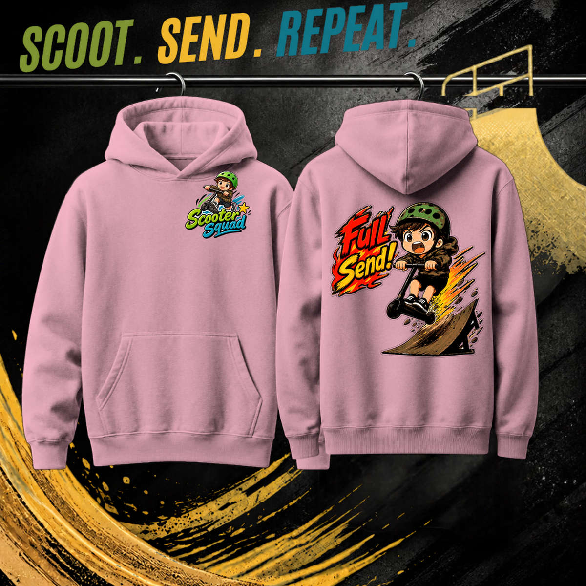 Full Send kids hoodie in pink, Scooter Squad logo front, Full Send on the back
