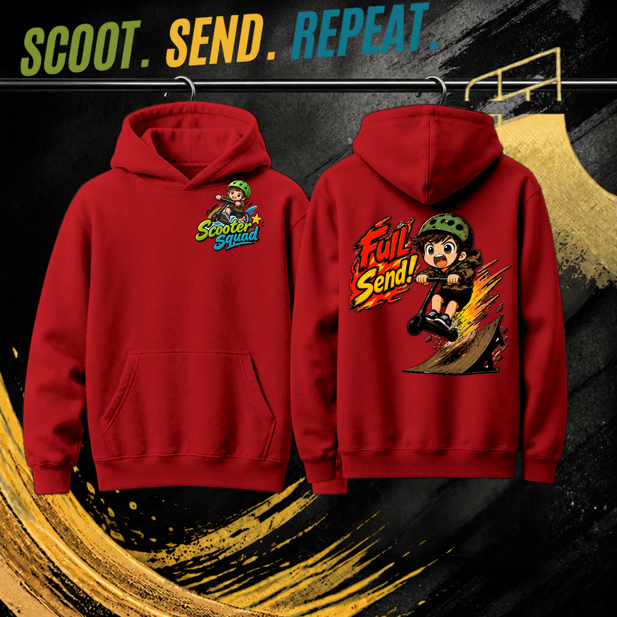 Full Send kids hoodie in red, Scooter Squad logo front, Full Send on the back