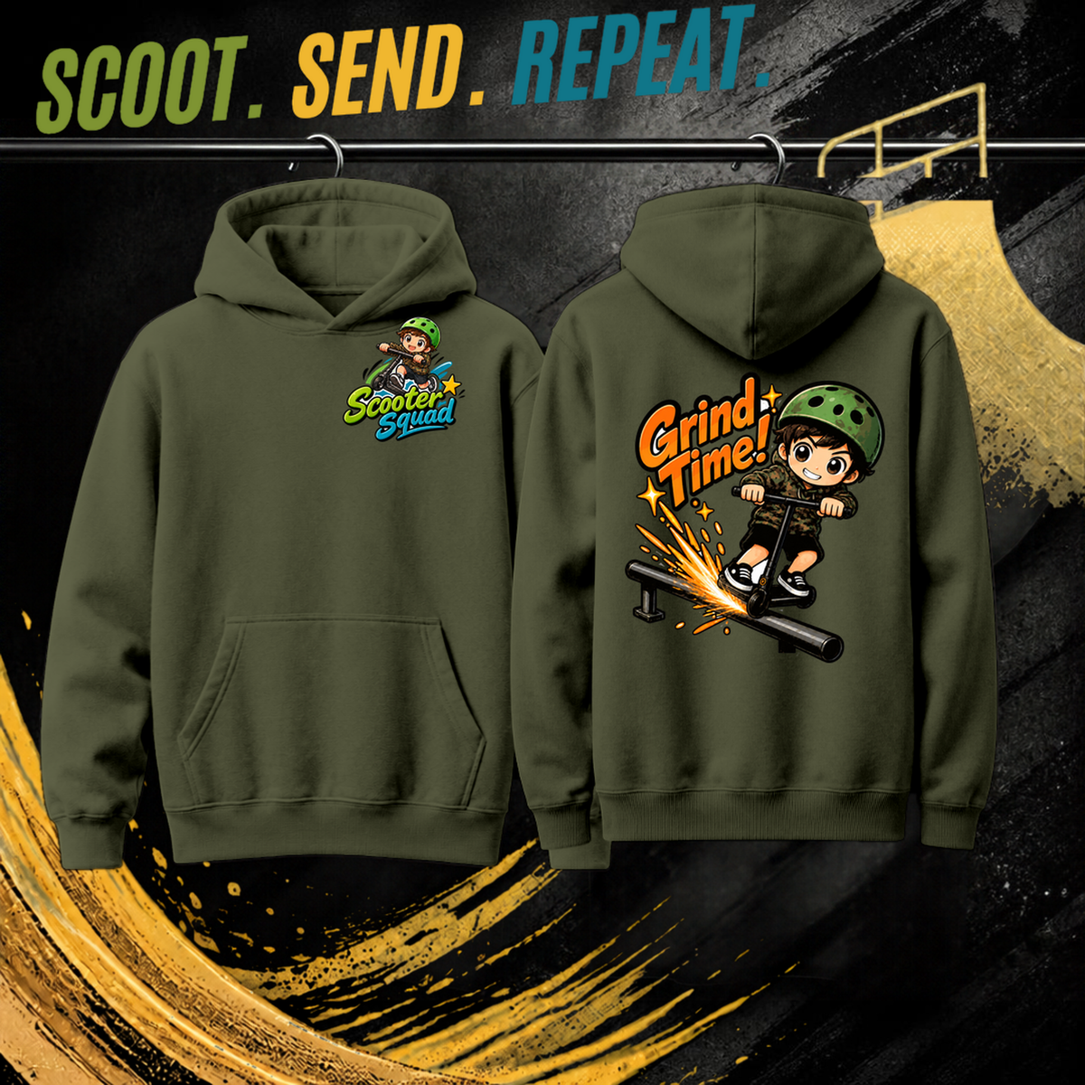 Grind Time kids hoodie in army, Scooter Squad logo front, Grind Time on the back