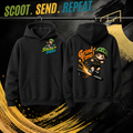 Grind Time kids hoodie in black, Scooter Squad logo front, Grind Time on the back