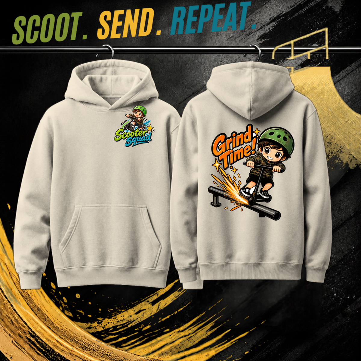 Grind Time kids hoodie in ecru, Scooter Squad logo front, Grind Time on the back